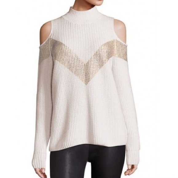 ZOË JORDAN Wool Cashmere Ivory With Gold Chevron Cold Shoulder Sweater S - Picture 10 of 10